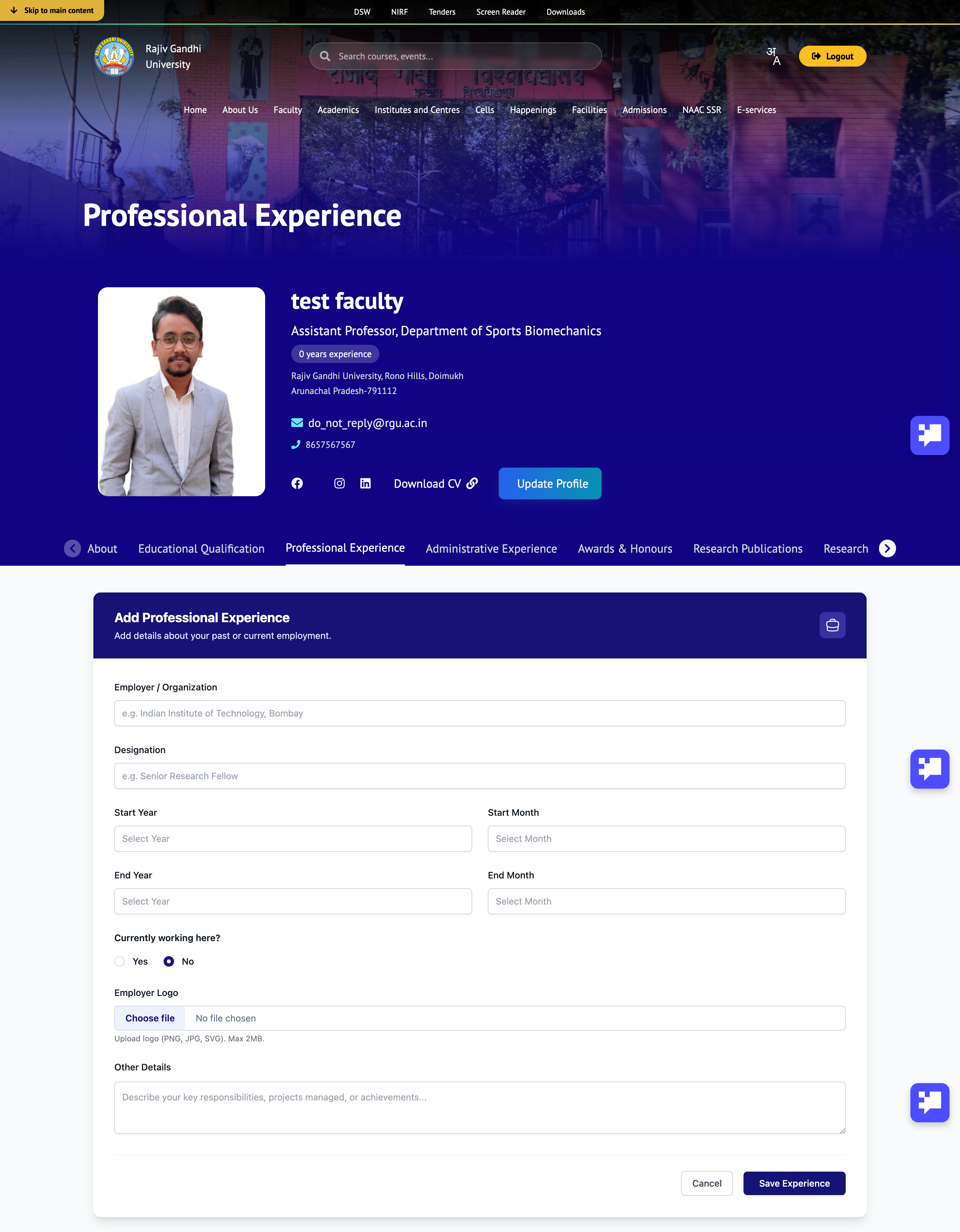 Add Professional Experience Form